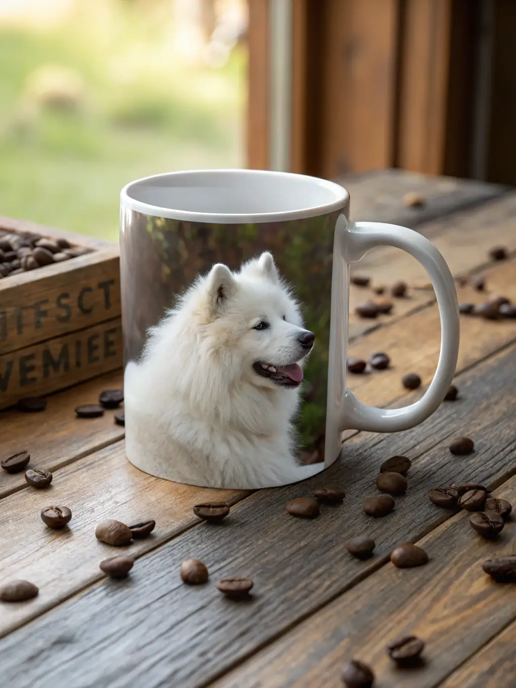 A high-quality photo of a custom-printed mug featuring a close-up portrait of a fluffy Samoyed dog, displayed on a wooden table with coffee beans scattered around.