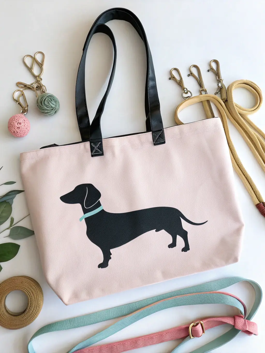 A stylish tote bag featuring a silhouette of a Dachshund, displayed against a minimalist background with dog walking accessories.