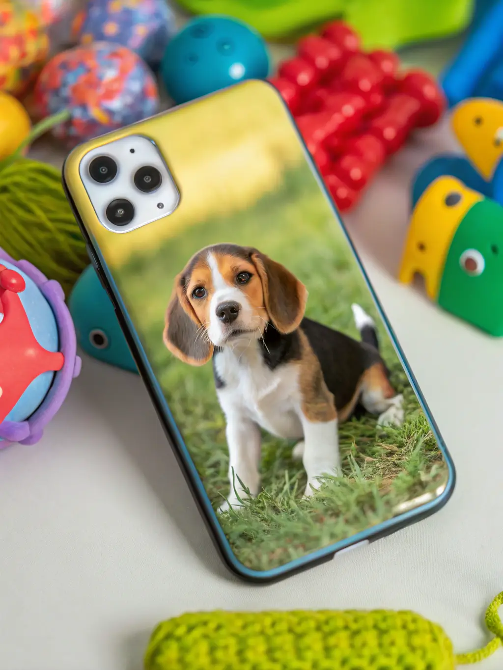 A vibrant image of a personalized phone case showcasing a playful Beagle puppy, set against a backdrop of colorful dog toys.