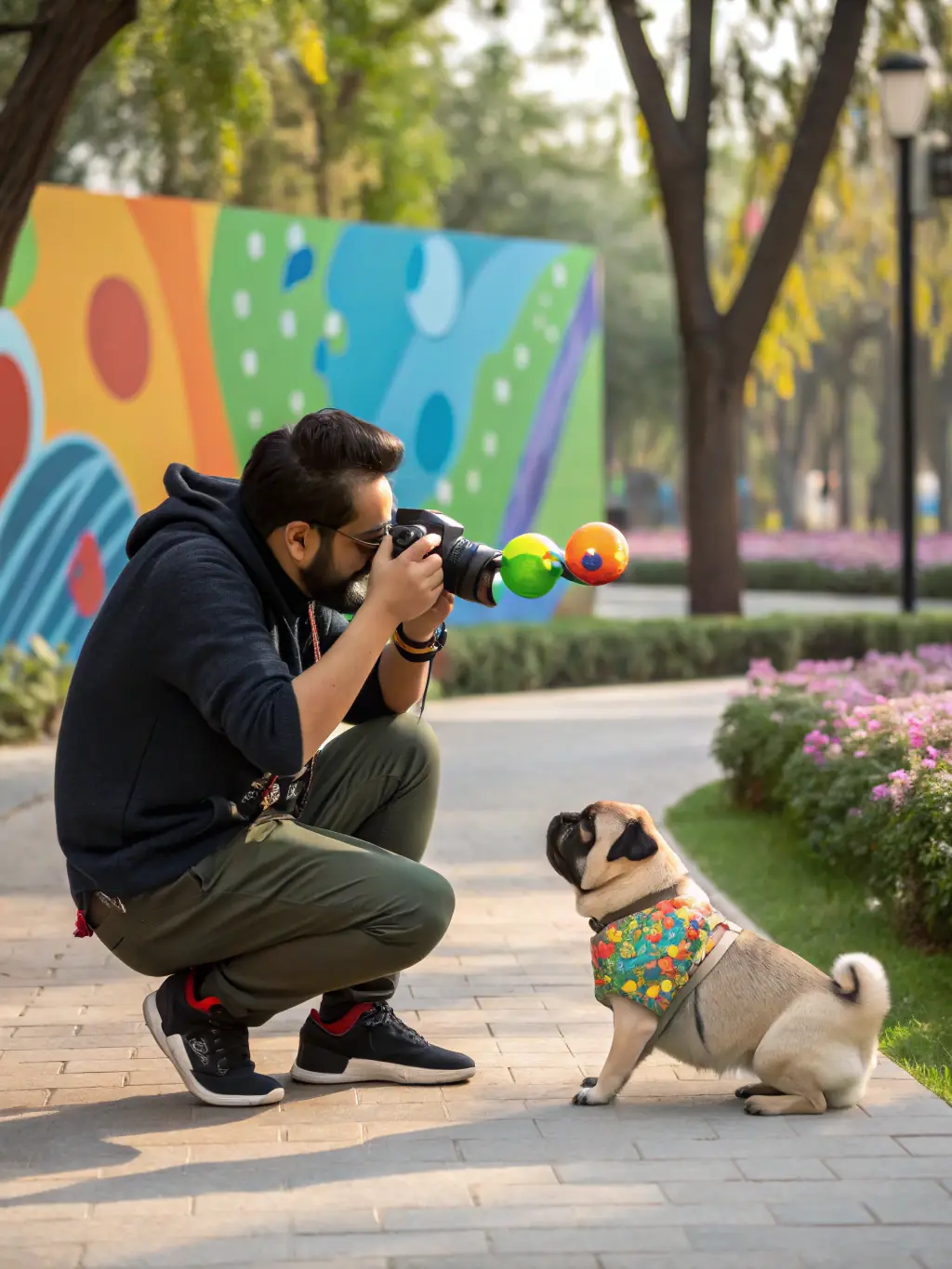 A photographer interacting with a dog, using treats and toys to get the perfect shot, emphasizing the relaxed and fun atmosphere of the sessions.