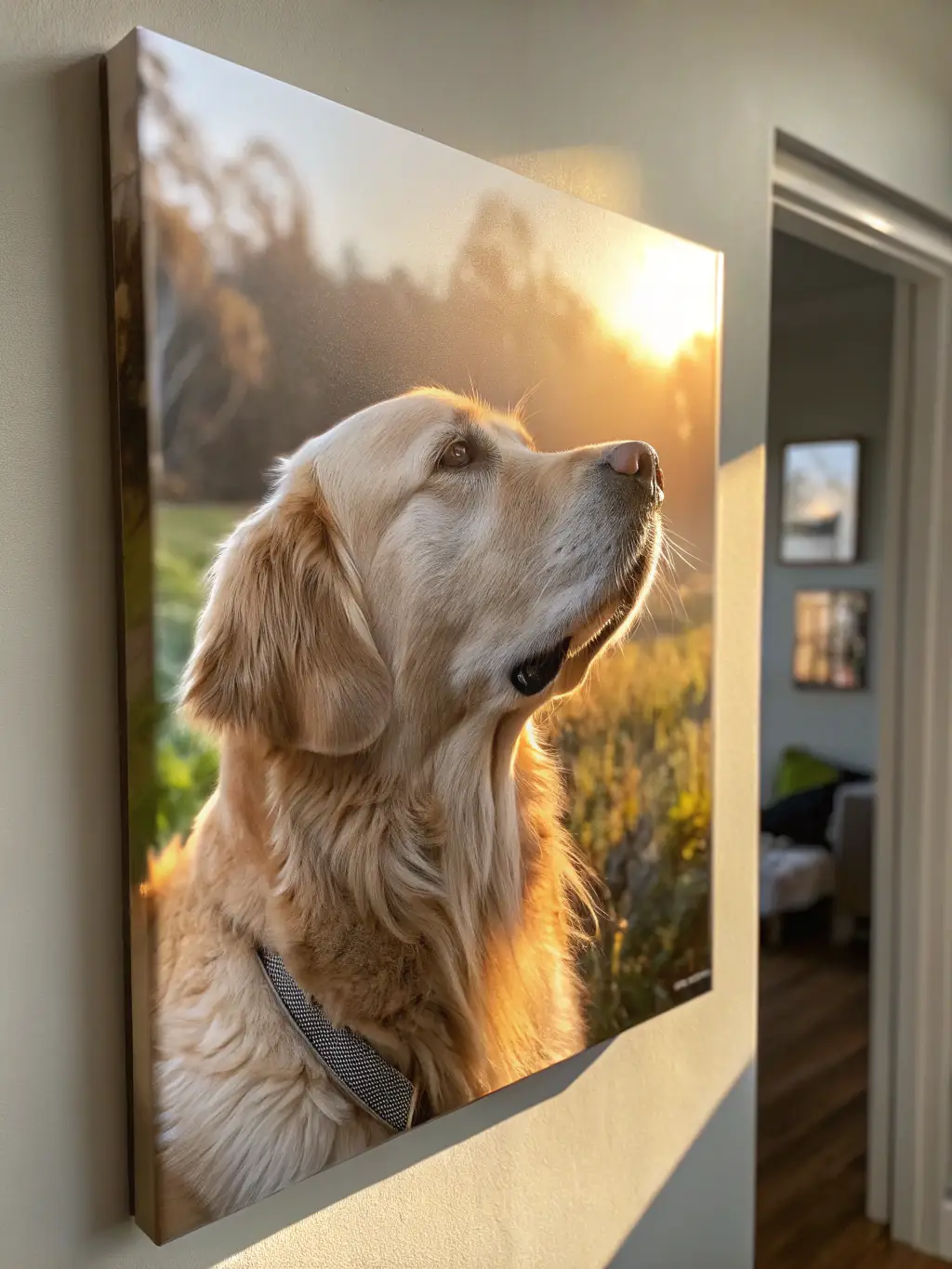 A canvas print hanging on a wall, displaying a beautifully captured portrait of a regal-looking dog, demonstrating the quality of the final products.