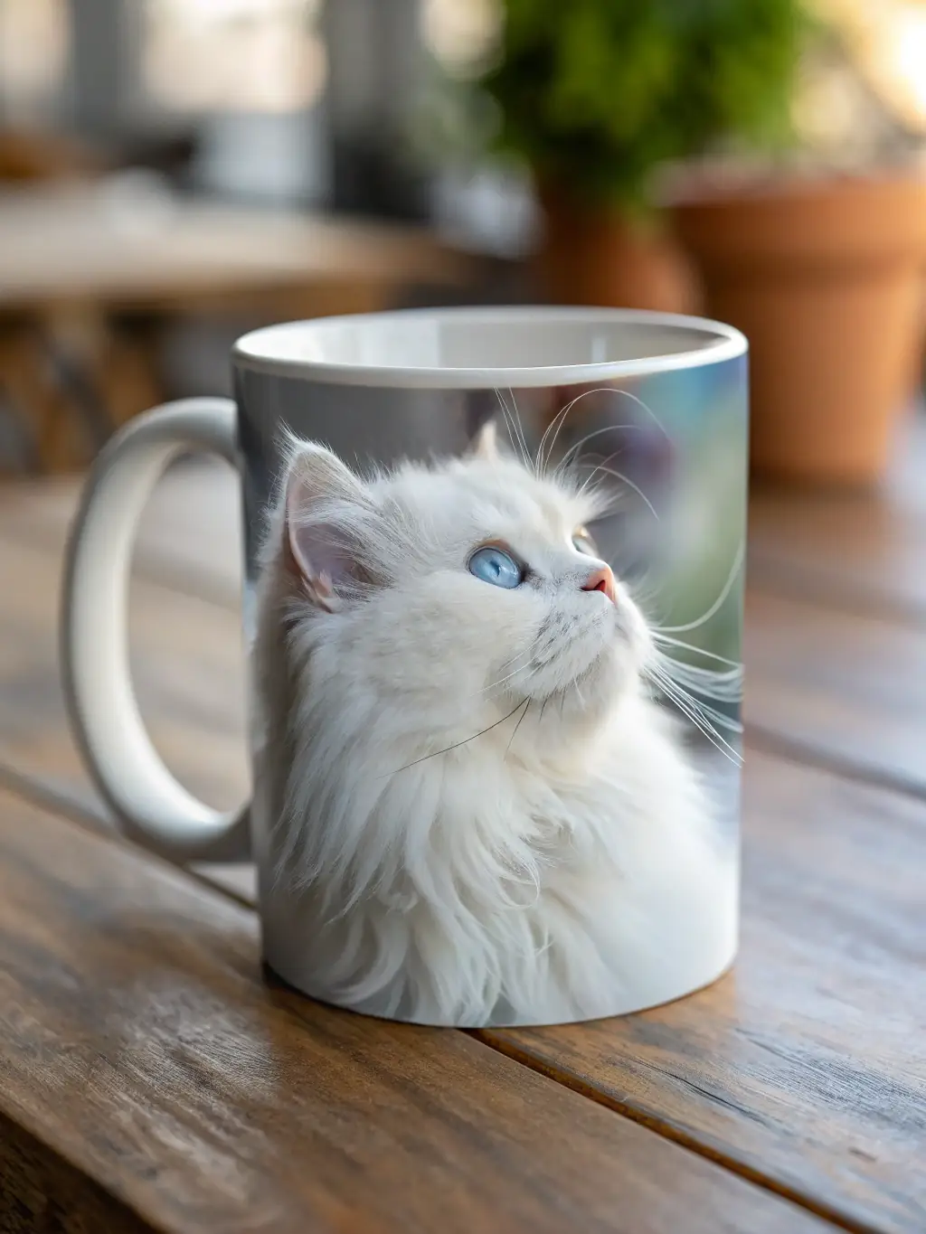 A close-up shot of a custom-designed coffee mug featuring a high-quality image of a fluffy cat, highlighting the merchandise options.