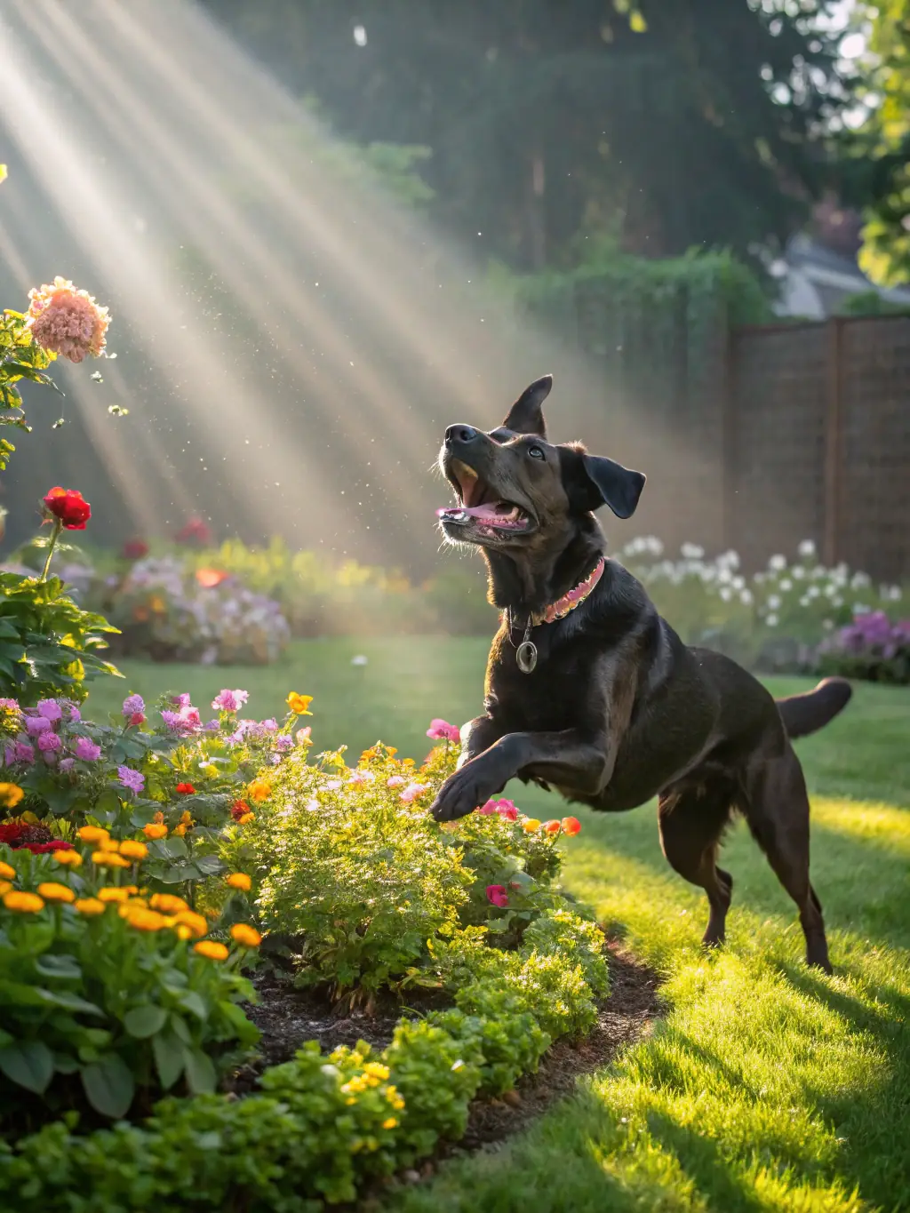A professional pet photographer kneeling down to take a photo of a playful golden retriever in a sunlit backyard, showcasing the mobile pet photography service.