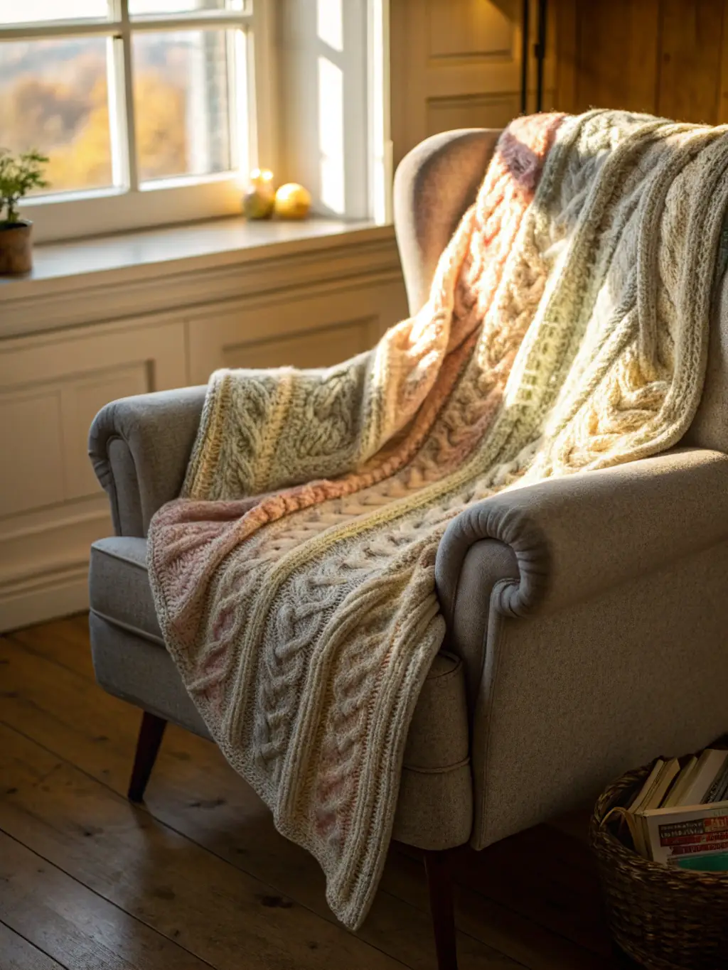 A cozy-looking fleece blanket with a collage of photos of a family's beloved cat, draped over a comfortable armchair in a living room setting.